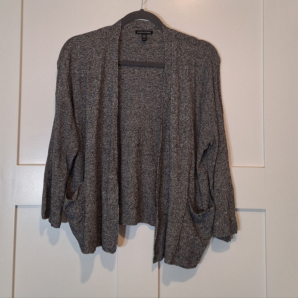 Eileen Fisher Organic Linen & Cotton Open Cardigan Marled Black White Medium